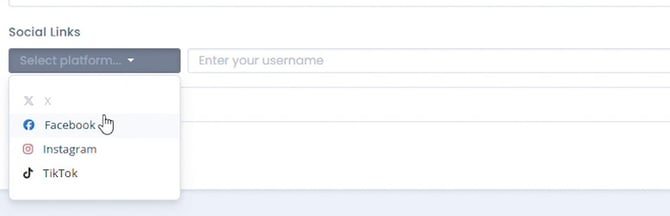 Social Links platform dropdown open showing Facebook, Instagram, and TikTok options