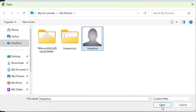Windows file picker with a headshot photo selected, ready to open and upload