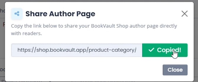 Share Author Page window showing the Copied confirmation after clicking the copy button