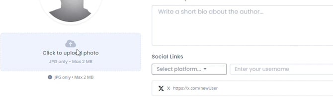 Cursor clicking the Click to upload photo box in BookVault's Author Profile Settings