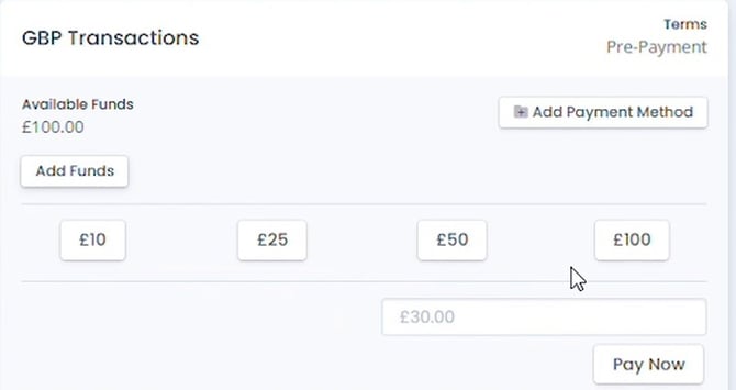 Add Funds panel with preset amount buttons, a custom amount field, and a Pay Now button
