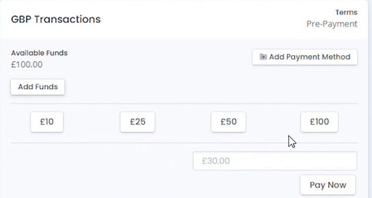 Add Funds panel with preset amount buttons, a custom amount field, and a Pay Now button