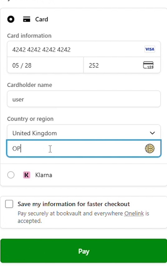 Stripe checkout form with card details entered and a green Pay button