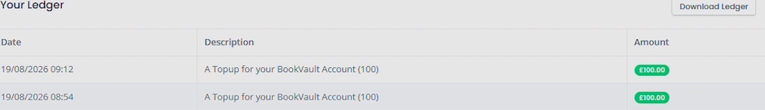 Your Ledger table showing a new BookVault Account top-up entry