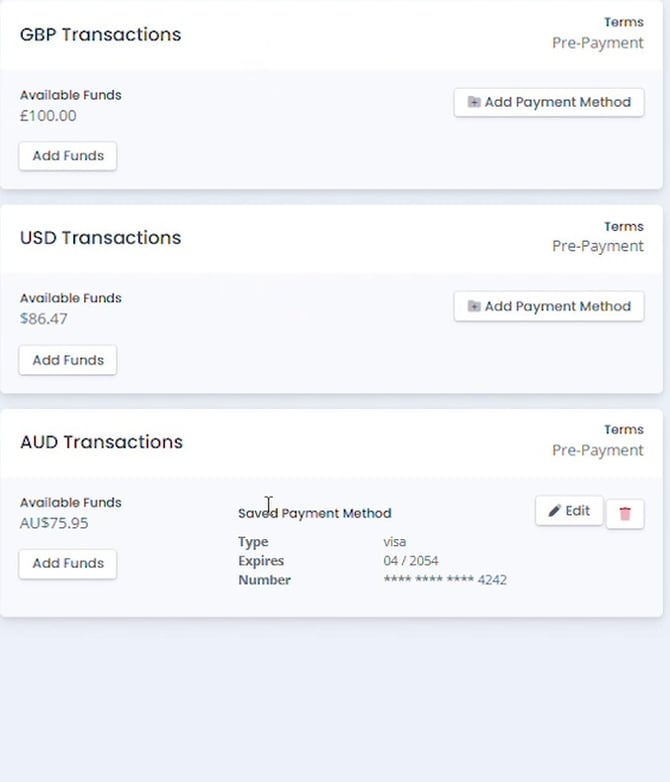 GBP, USD, and AUD Transactions cards on the BookVault Payments page, each with an Add Funds button