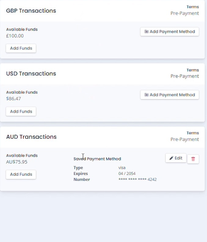 GBP, USD, and AUD Transactions cards on the BookVault Payments page, each with an Add Funds button