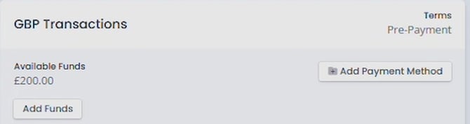 GBP Transactions card showing an updated Available Funds balance after a top-up