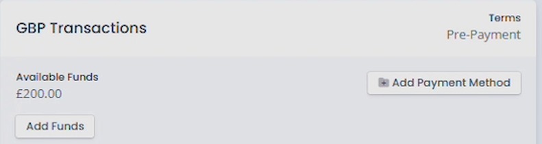 GBP Transactions card showing an updated Available Funds balance after a top-up