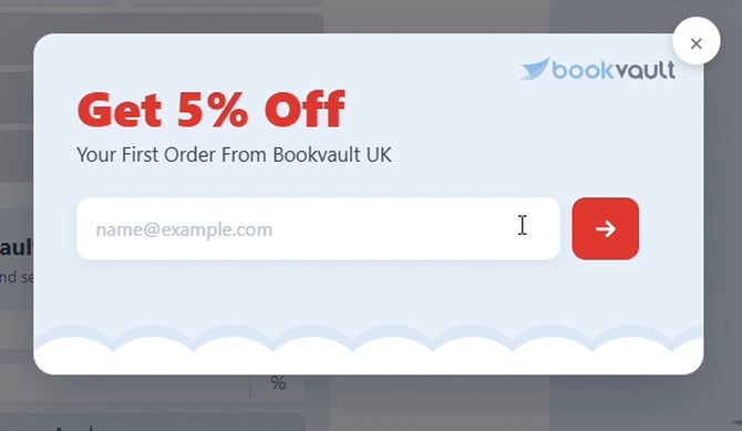 Get 5 percent off popup offering a first order discount with an email input field