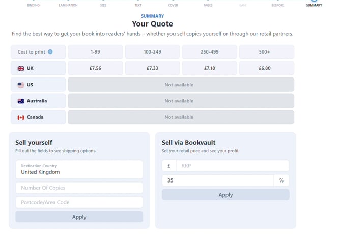 Your Quote summary page with cost-to-print table by country and quantity, plus Sell yourself and Sell via Bookvault panels