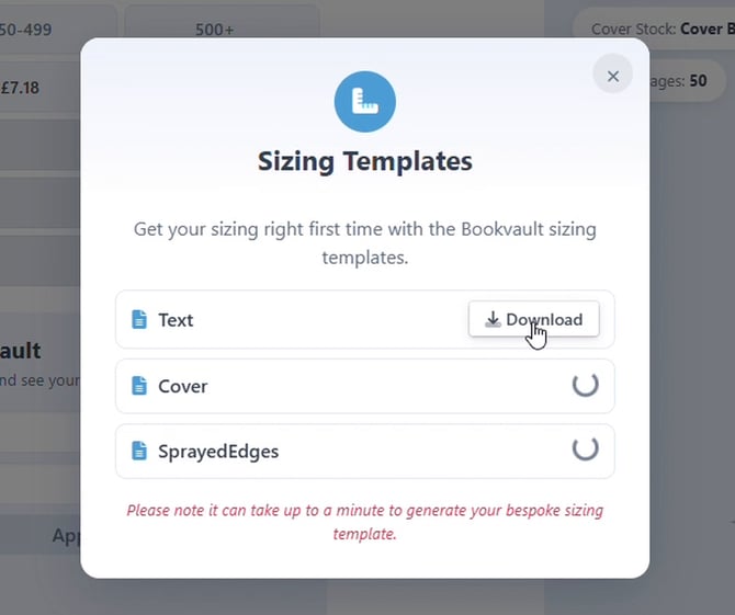 Sizing Templates popup with Text, Cover, and SprayedEdges download rows and a note about bespoke templates taking up to a minute