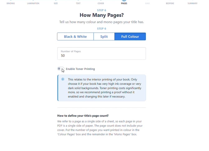 How Many Pages step with page count set to 50, Full Colour selected, and the Enable Toner Printing toggle visible