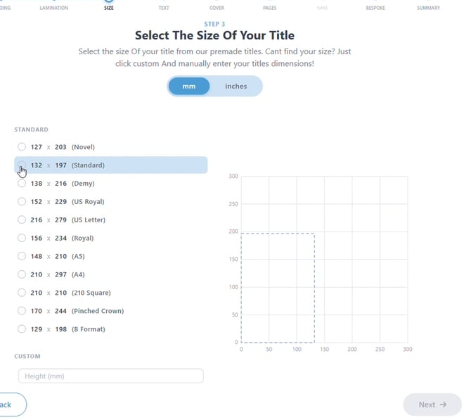 Select The Size Of Your Title step with the Standard 132 x 197 size selected and a scale diagram of the dimensions