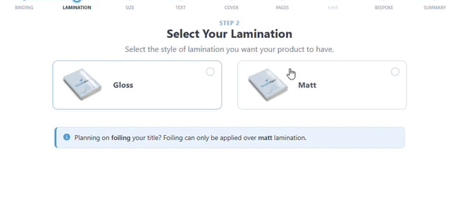 Select Your Lamination step with Gloss and Matt options and a note about foiling requiring matt lamination