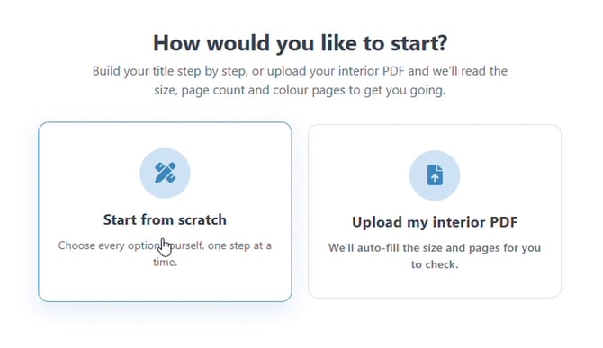 How would you like to start screen with Start from scratch and Upload my interior PDF option cards