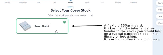 Select Your Cover Stock step with Cover Board selected and a description explaining it is a flexible 250gsm card