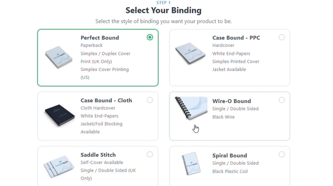 Select Your Binding step showing six binding type cards with Perfect Bound selected and highlighted green