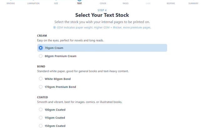 Select Your Text Stock step with 70gsm Cream selected and the book preview showing cream-coloured pages
