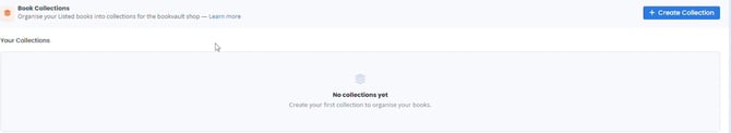 BookVault Book Collections card showing the plus Create Collection button with no collections yet