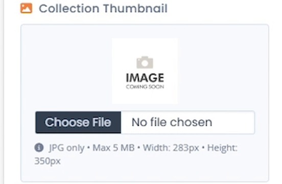 Collection Thumbnail upload field with Choose File button and JPG size requirements