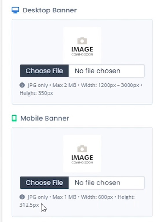 Desktop Banner and Mobile Banner upload fields with their file size and dimension requirements