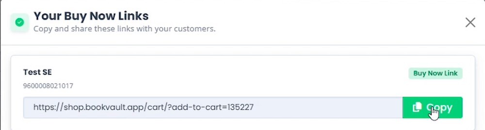 Your Buy Now Links screen showing a generated purchase URL with the cursor clicking the Copy button