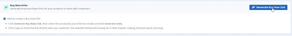Cursor clicking the Generate Buy Now Link button on the Buy Now Links card in BookVault