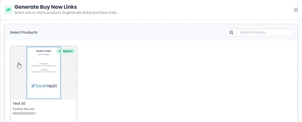 Select Products screen in the Generate Buy Now Links window with a book cover ready to be selected