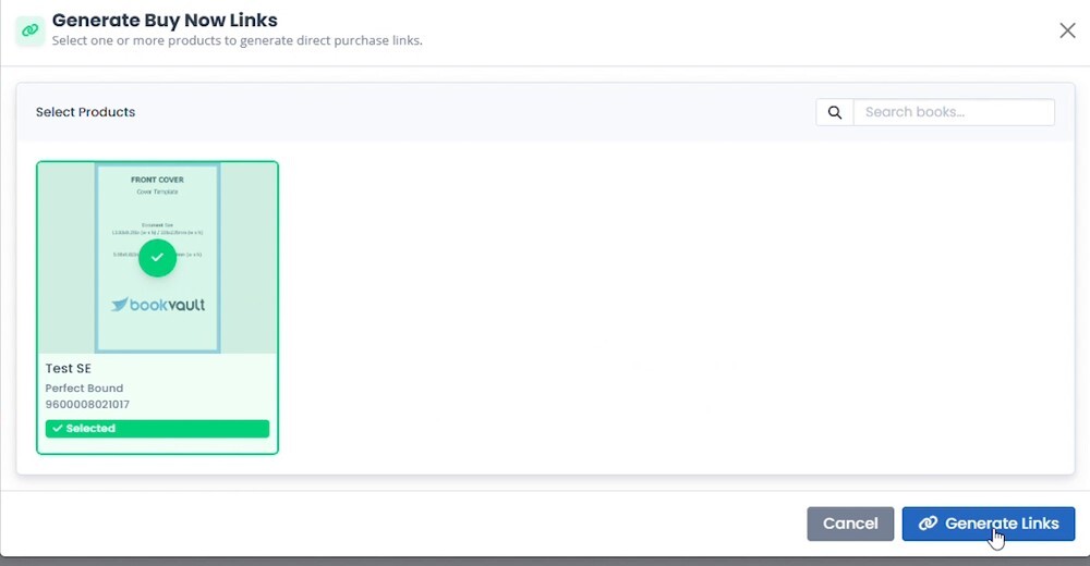 Selected book cover with a green checkmark and the cursor clicking the Generate Links button