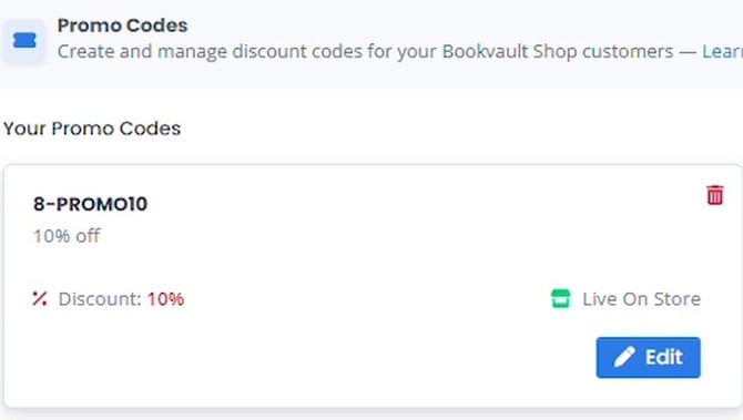 Newly created promo code card showing the discount and a Live On Store label