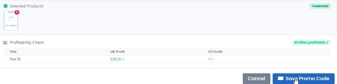 Profitability Check table showing UK and US profit with the cursor clicking the Save Promo Code button