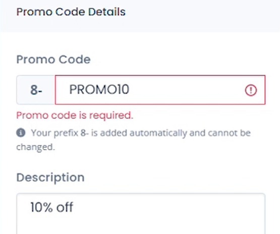 Promo Code field showing PROMO10 with a fixed prefix, and a Description field filled in with 10% off