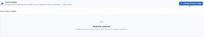 BookVault Promo Codes card showing the plus Create Promo Code button with no promo codes yet