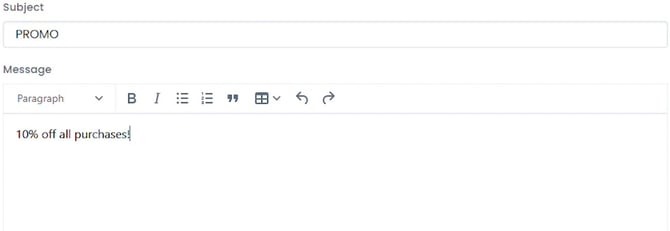 Subject field filled in with PROMO and a formatted message in the Message box