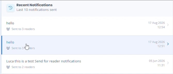 Recent Notifications list showing past sends with the cursor hovering an entry