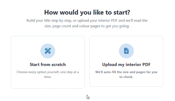 How would you like to start screen with Start from scratch and Upload my interior PDF option cards