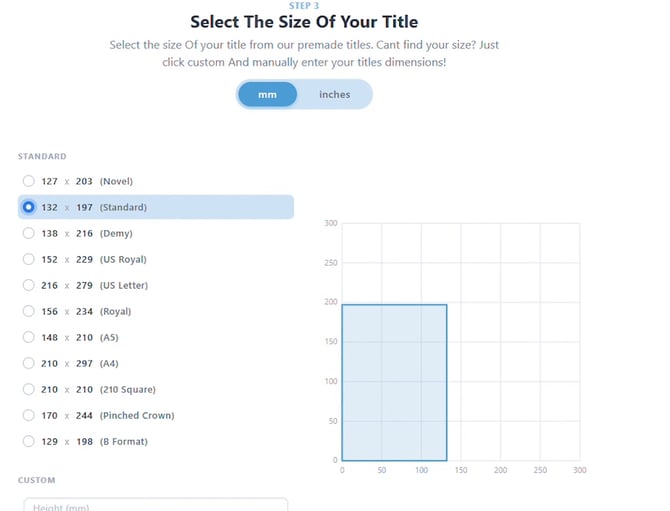 Select The Size Of Your Title step with the Standard 132 x 197 size selected and a scale diagram of the dimensions