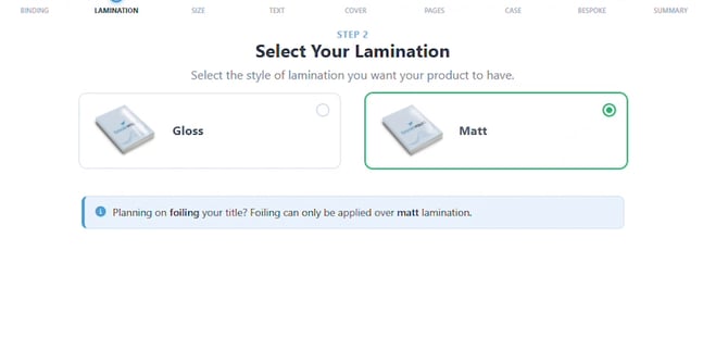 Select Your Lamination step with Matt selected and a note about foiling requiring matt lamination