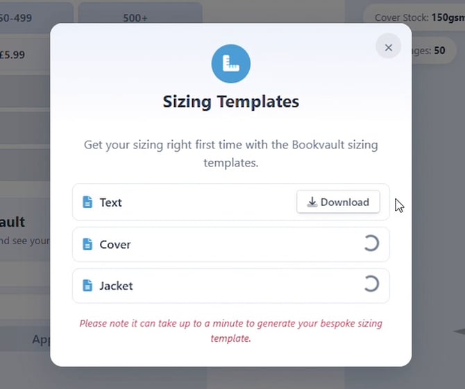Sizing Templates popup with Text, Cover, and Jacket download rows and a note about bespoke templates taking up to a minute