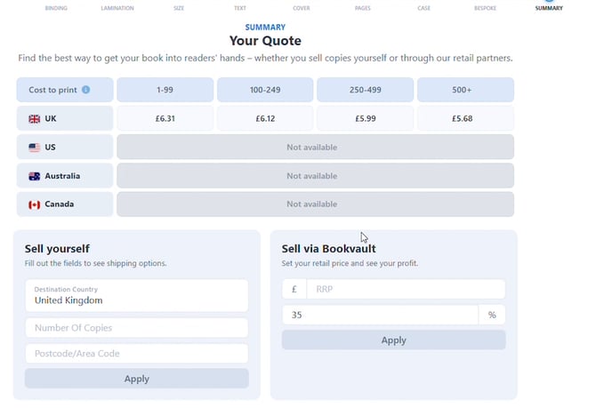 Your Quote summary page with cost-to-print table by country and quantity, plus Sell yourself and Sell via Bookvault panels