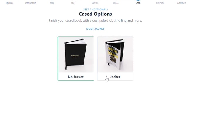 Cased Options step showing No Jacket and Jacket photo cards, with Jacket selected