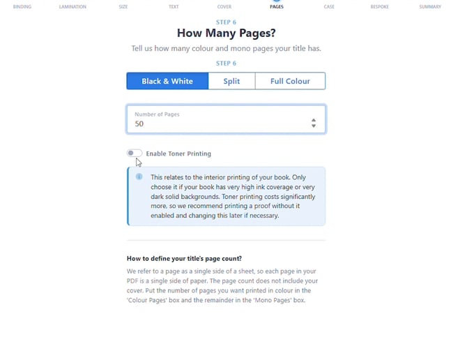 How Many Pages step with page count set to 50, Black and White selected, and the Enable Toner Printing toggle visible