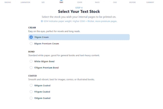 Select Your Text Stock step with 70gsm Cream selected and the book preview showing cream-coloured pages