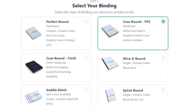 Select Your Binding step showing six binding type cards with Case Bound PPC selected and highlighted green, plus a live 3D book preview on the right