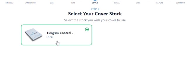 Select Your Cover Stock step with 150gsm Coated - PPC selected
