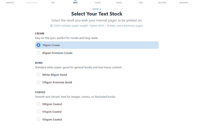 Select Your Text Stock step with 70gsm Cream selected and the book preview showing cream-coloured pages