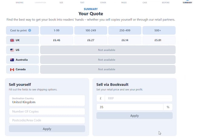 Your Quote summary page with cost-to-print table by country and quantity, plus Sell yourself and Sell via Bookvault panels