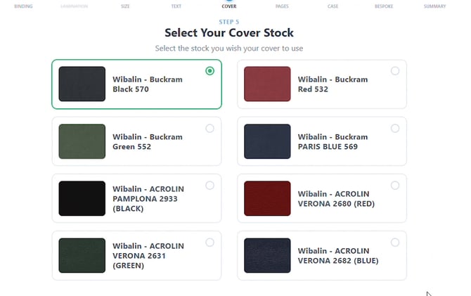 Select Your Cover Stock step showing eight cloth colour swatches with Wibalin Buckram Black 570 selected