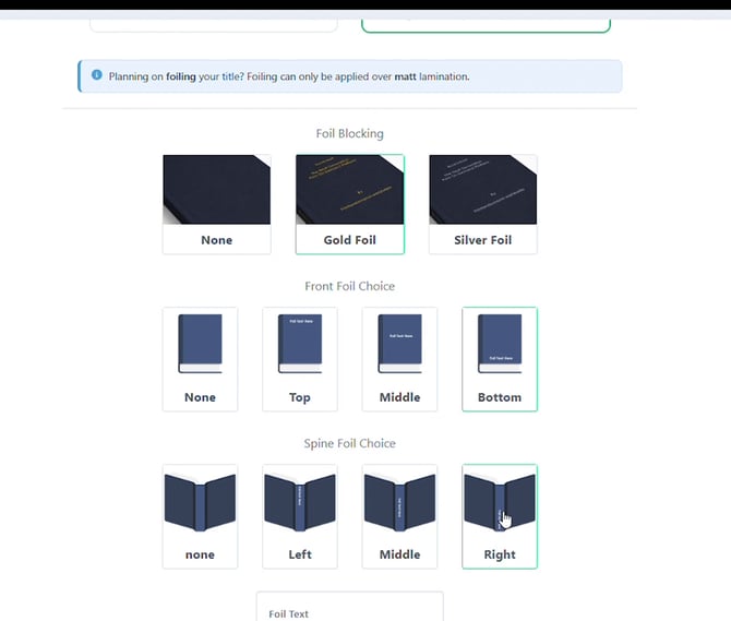 Foil Blocking step with Gold Foil selected, Bottom front placement, Right spine placement, and a Foil Text input box