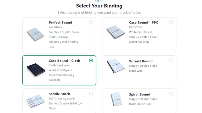 Select Your Binding step showing six binding type cards with Case Bound Cloth selected and highlighted green